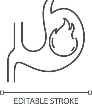 Heartburn pixel perfect linear icon. Stomach ache. Food poisoning. Gastrointestinal problem. Thin line customizable illustration. Contour symbol. Vector isolated outline drawing. Editable stroke