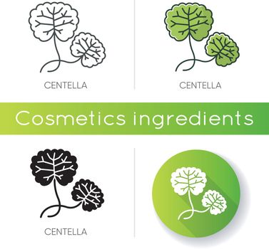 Centella icon. Healing plant. Herbal component. Natural skincare. Organic treatment. Leaves for nourishment. Korean beauty cosmetic ingredient. Linear black and RGB color styles