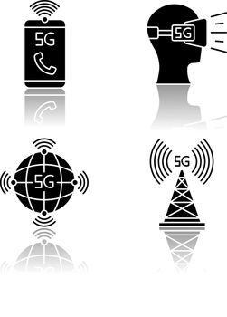 5G wireless technology drop shadow black glyph icons set. VR headset. Cell tower. Improved phone calls. World standard. Mobile cellular network. Isolated vector illustrations on white space
