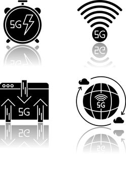 5G wireless technology drop shadow black glyph icons set. Fast speed. Low latency connection. Signal indicator. Data exchange. Mobile cellular network. Isolated vector illustrations on white space