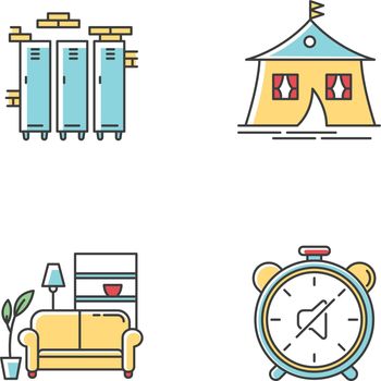 Dormitory conditions RGB color icons set. Lockers. Gym, swimming pool storage closets. Marquee tent. Dorm quiet hours. Living room. Shared space. Isolated vector illustrations