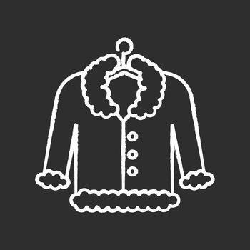 Coat on hanger chalk white icon on black background. Outerwear professional washing, laundry service. Fur delicate dry cleaning, stain removing equipment. Isolated vector chalkboard illustration