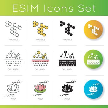 Cosmetic ingredient icons set. Propolis honeycombs. Lotus flower. Collagen filler formula. Organic beauty products. Linear, black and RGB color styles. Isolated vector illustrations