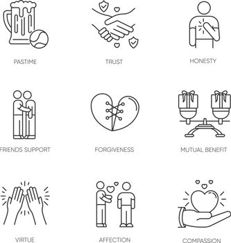 Friends relationship pixel perfect linear icons set. Social connection, strong interpersonal bond customizable thin line contour symbols. Isolated vector outline illustrations. Editable stroke