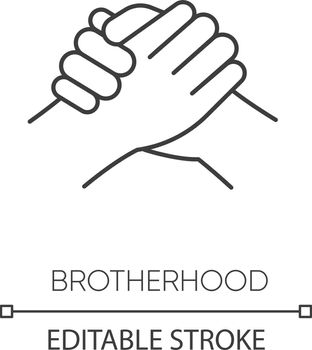 Brotherhood pixel perfect linear icon. Thin line customizable illustration. Strong friendship, interpersonal bond, Togetherness contour symbol. Vector isolated outline drawing. Editable stroke