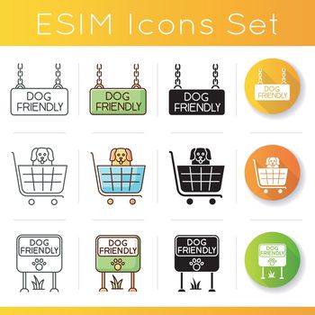 Pet friendly areas icons set. Four-legged friends welcome shops and houses. Domestic animals allowed parks and supermarkets. Linear, black and RGB color styles. Isolated vector illustrations