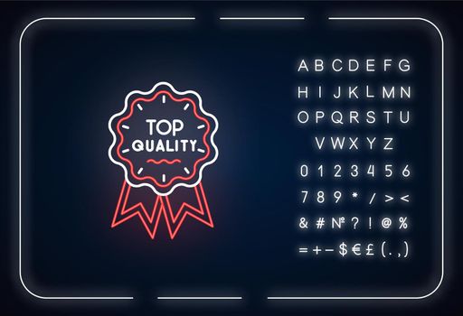 Top quality neon light icon. Outer glowing effect. Sign with alphabet, numbers and symbols. Premium goods warranty. Luxury mark, prestigious status badge vector isolated RGB color illustration