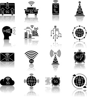 5G technology drop shadow black glyph icons set. Mobile cellular network. Fast Internet connection. Messaging, data exchange. World standard. Isolated vector illustrations on white space