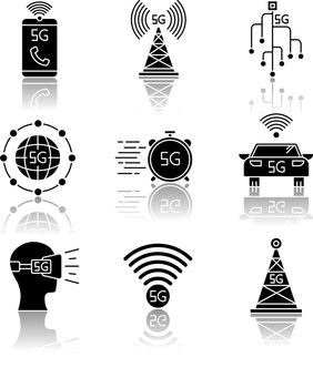 5G wireless technology drop shadow black glyph icons set. Cell tower, improved phone calls. VR headset. Fast connection. Mobile cellular network. Isolated vector illustrations on white space