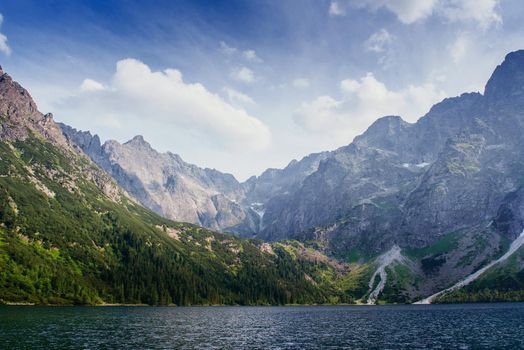 Majestic mountain lake in National Park High Tatra. Strbske ples
