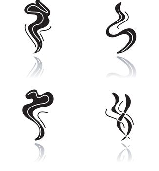 Odor drop shadow black glyph icons set. Good smell. Fluid, nice perfume scent. Aromatic fragrance flowing curves. Smoke puff, hot steam curls, fume swirls. Isolated vector illustrations on white space