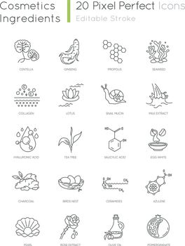 Cosmetic ingredient pixel perfect linear icons set. Exfoliating treatment. Chemical formulas. Customizable thin line contour symbols. Isolated vector outline illustrations. Editable stroke