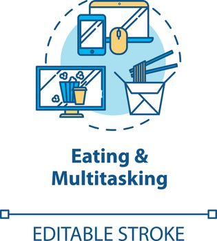 Eating and multitasking concept icon. Conscious nutrition, binge eating idea thin line illustration. Mindless food consumption. Vector isolated outline RGB color drawing. Editable stroke