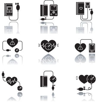 Early pregnancy symptom drop shadow black glyph icons set. High blood pressure. Manometer measure. Hypertension. Tonometer to track heartbeat. Isolated vector illustrations on white space