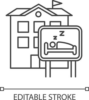 Hotel pixel perfect linear icon. Hostel, inn. Motel building. Sleeping accommodation services. Thin line customizable illustration. Contour symbol. Vector isolated outline drawing. Editable stroke
