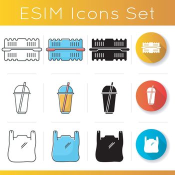 Take away food packages icons set. Plastic bag with handles, cold drink disposable cup, container for salad. Takeout meal packing. Linear, black and RGB color styles. Isolated vector illustrations