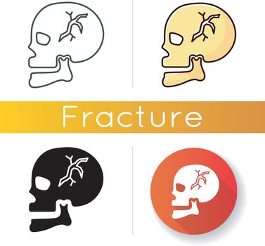 Skull fracture icon. Cranial bone break. Dangerous head injury. Emergency. Accident. Trauma, wound. Healthcare. Medical condition. Linear black and RGB color styles. Isolated vector illustrations