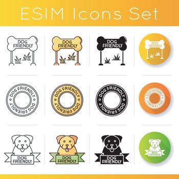 Cat and dog friendly areas emblems icons set. Four-legged friends allowed territories signs. Kitty and doggy welcome. Linear, black and RGB color styles. Isolated vector illustrations