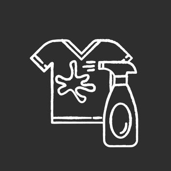 Stain removal chalk white icon on black background. Laundry, launderette, clothes washing and dry cleaning service. Spray detergent, dirty stain remover. Isolated vector chalkboard illustration