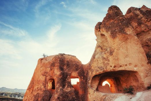Unique geological formations in valley in Cappadocia, Central An