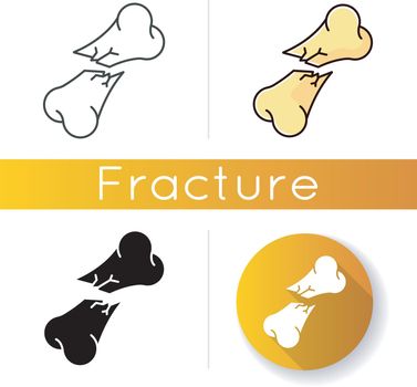 Bone fracture icon. Oblique displaced fracture. Accident. Hurt body part. Trauma treatment. Healthcare. Medical condition. Emergency. Linear black and RGB color styles. Isolated vector illustrations