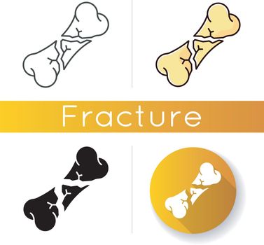 Bone fracture icon. Comminuted, segmental fracture. Accident. Hurt body part. Trauma treatment. Healthcare. Medical condition. Linear black and RGB color styles. Isolated vector illustrations
