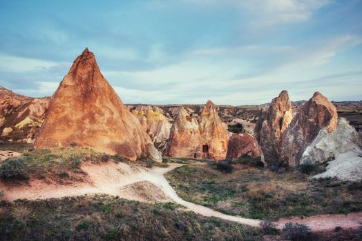 Unique geological formations in valley in Cappadocia