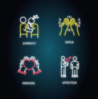 Social connection neon light icons set. Signs with outer glowing effect. Interpersonal relationship, friendship. Sympathy, virtue, kindness and affection. Vector isolated RGB color illustrations