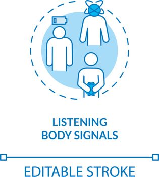 Listen body signal concept icon. Mindful nutrition idea thin line illustration. Eating when hungry, growling stomach and low energy. Vector isolated outline RGB color drawing. Editable stroke