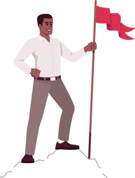 Successful businessman on top of world metaphor semi flat RGB color vector illustration. Industry leader on mountain peak isolated cartoon character on white background. Business achievements concept