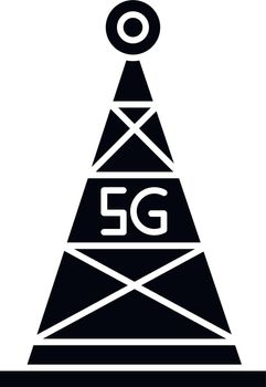 5G cell tower black glyph icon. Antenna signal. Wireless technology. Fast connection. Mobile cellular network coverage. Silhouette symbol on white space. Vector isolated illustration