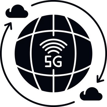 5G wireless technology black glyph icon. Global standard. Cloud computing. Mobile cellular network coverage. Silhouette symbol on white space. Vector isolated illustration