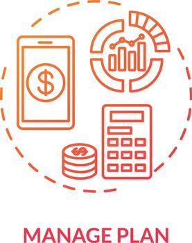 Manage plan red concept icon. Internet tariff cost. Calculate payment online. Mobile banking. Manage finance. Roaming idea thin line illustration. Vector isolated outline RGB color drawing