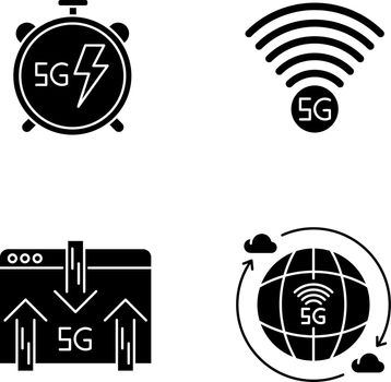 5G wireless technology black glyph icons set on white space. Fast speed. Low latency connection. Signal indicator. Data exchange. Mobile cellular network. Silhouette symbols. Vector isolated illustration