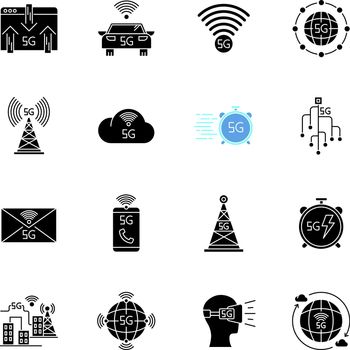 5G technology black glyph icons set on white space. Mobile cellular network. Fast Internet connection. Messaging, data exchange. World standard. Silhouette symbols. Vector isolated illustration