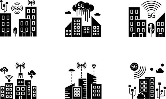5G smart city black glyph icons set on white space. Urban intelligence. Mobile cellular network coverage. Wireless technology. Silhouette symbols. Vector isolated illustration