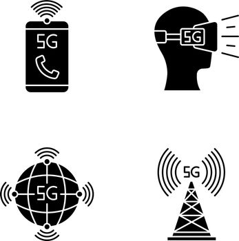 5G wireless technology black glyph icons set on white space. VR headset. Cell tower. Improved phone calls. World standard. Mobile cellular network. Silhouette symbols. Vector isolated illustration
