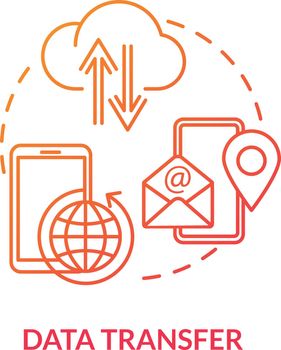 Data transfer red concept icon. Upload info online. Network service. File exchange. Connect with smartphone. Roaming idea thin line illustration. Vector isolated outline RGB color drawing