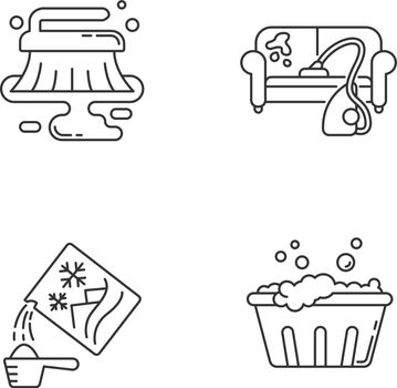 Cleanup service pixel perfect linear icons set. Stain removal, wet cleaning and furniture dry cleaning. Customizable thin line contour symbols. Isolated vector outline illustrations. Editable stroke