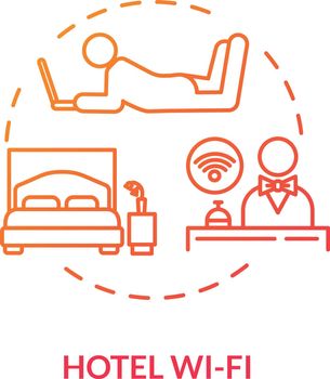 Hotel wi-fi red concept icon. Get room signal with laptop. Free network coverage. Wireless internet for apartment. Roaming idea thin line illustration. Vector isolated outline RGB color drawing