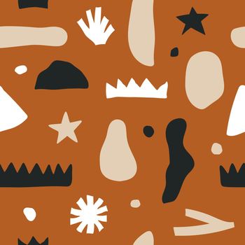 Bohemian, modern chic brown seamless pattern with abstract shapes in hand drawn style.