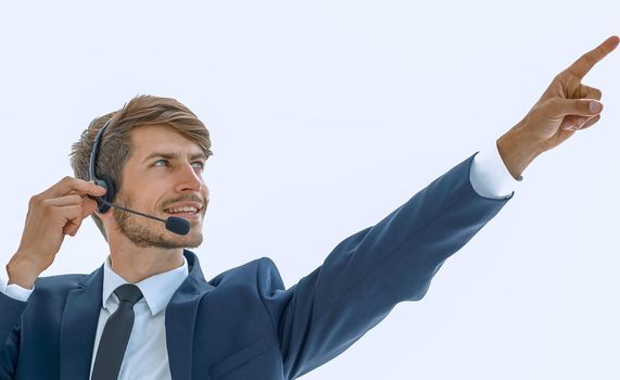 businessman with headphones showing finger