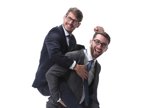 smiling businessman sitting on the back of his colleague