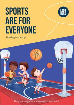 Poster template with American sport kids concept,watercolor style