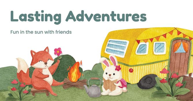 Facebook template with animal camping summer concept,watercolor style