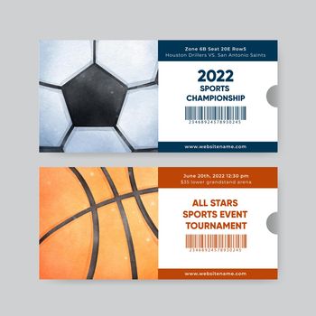 Ticket template with American sport kids concept,watercolor style