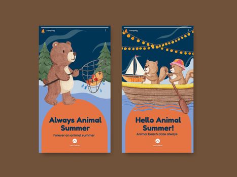 Instagram template with animal camping summer concept,watercolor style