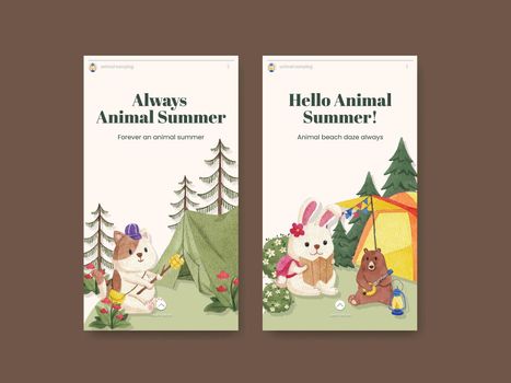Instagram template with animal camping summer concept,watercolor style