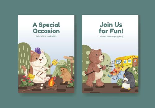 Invited card template with animal camping summer concept,watercolor style