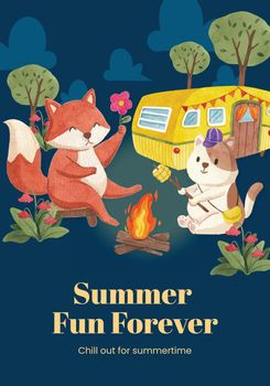 Poster template with animal camping summer concept,watercolor style